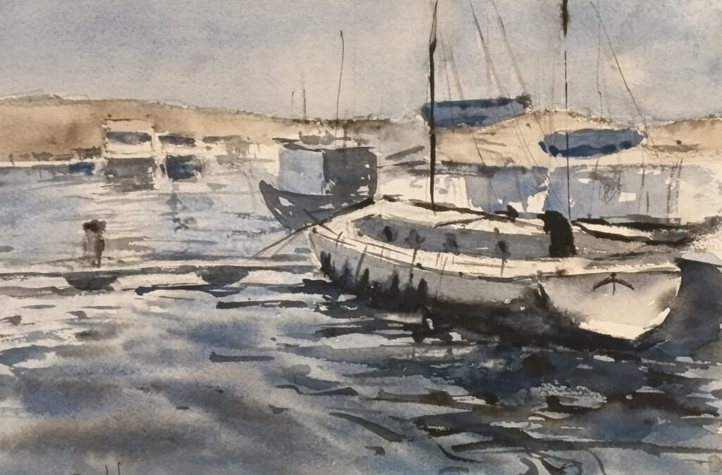 paisaje costero barcos